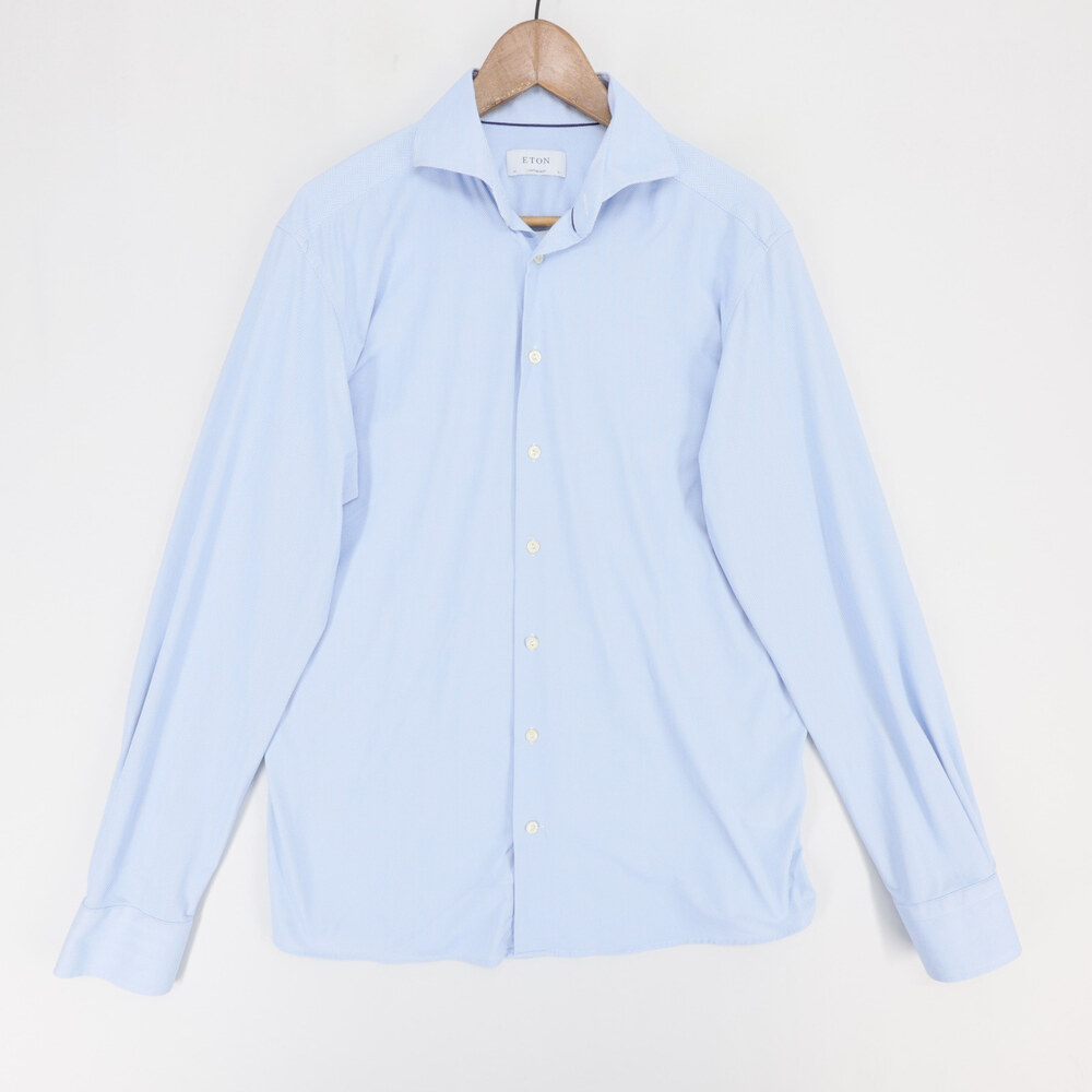 Eton Dress Shirt Mens 41 16 Light Blue Herringbone Stretch Contemporary Fit Long